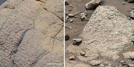 A gauche, la roche "Wopmay", photographiée par le robot Opportunity. A droite, la roche prélevée par le robot Curiosity. © Reuters/NASA