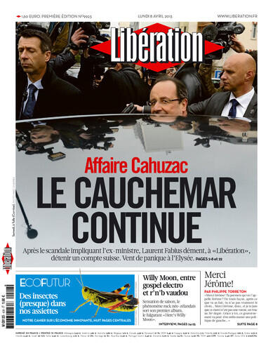 La Une de Libération du lundi 8 avril 2013.